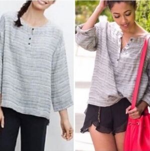 🔥J.JILL Pure Jill Gray/Black/Off White Linen Lagenlook Cropped Boxy Blouse SZ S